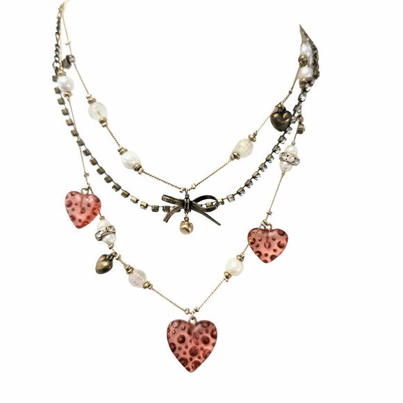 Cutest Betsey Johnson Multi  Strand Bow Heart Necklace - Picture 4 of 5